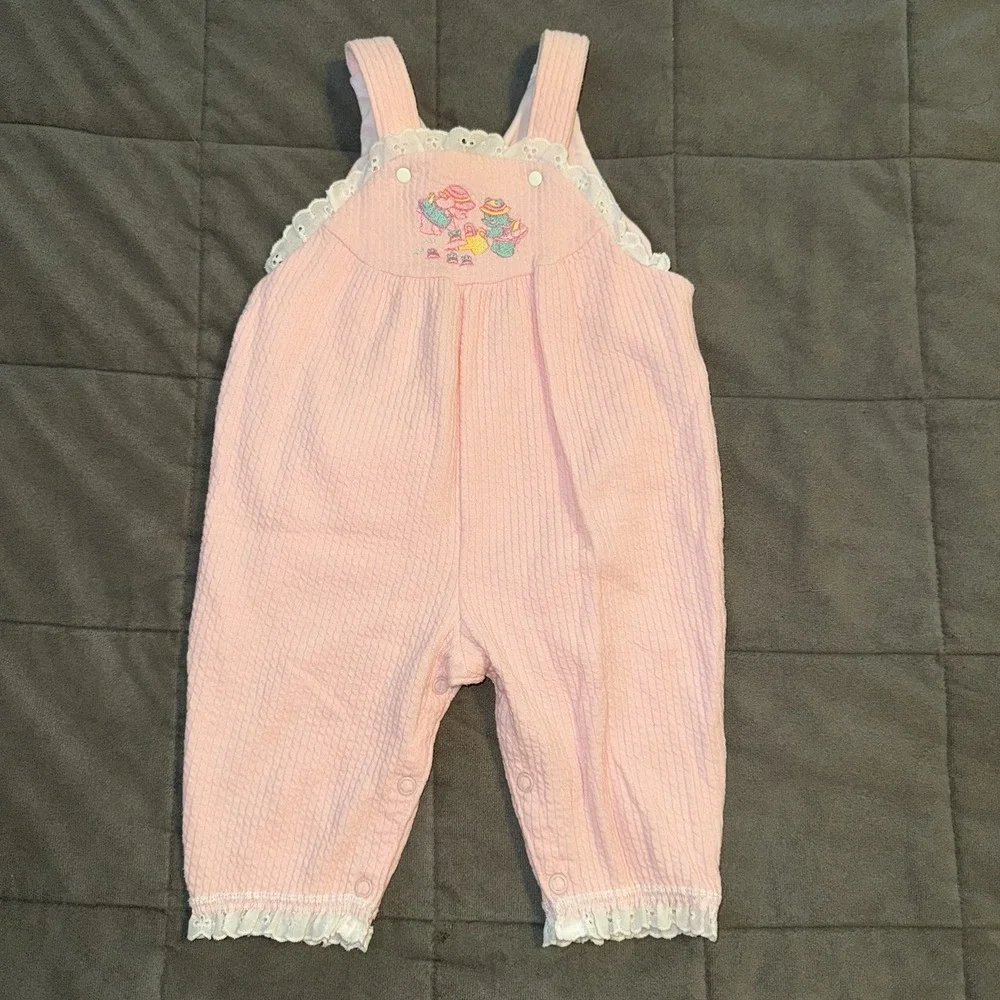 Vintage Carter's Baby Girl Pink Bib Overalls 6M Embroidered Teddy Bears Lace